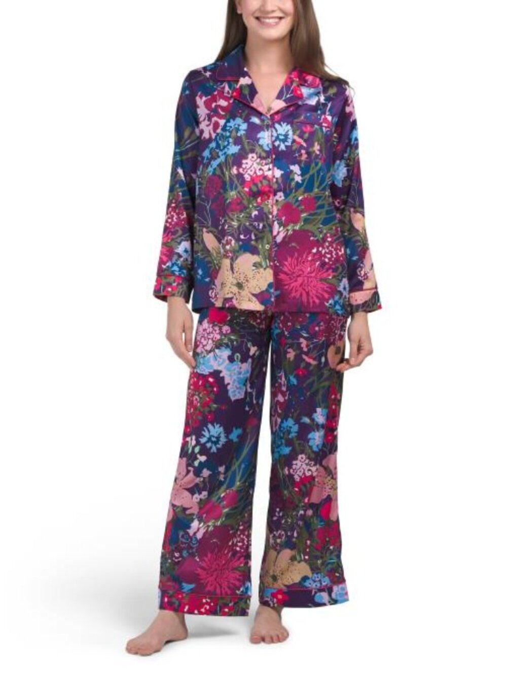 DALIA MACPHEE 2pc Satin Floral Notch Collar Pajama Top And Pants Set